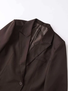 Detail of notched lapel and smooth inner lining on a dark brown blazer jacket