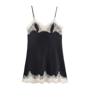 Elegant black satin camisole dress with white eyelash lace trim on white background
