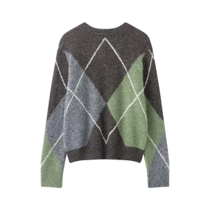 Classic argyle pattern long sleeve knit sweater with ribbed crew neck in grey tones
