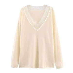 Elegant cream V-neck knit sweater for women featuring delicate white lace trim details