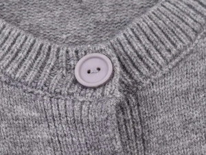 Close-up of grey knit cardigan neckline with ribbing and translucent button detail