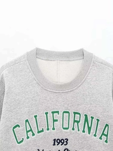 Detail of ribbed neckline and California 1993 print on gray cotton sweatshirt