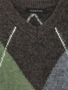 Detail of the soft brushed mohair texture and argyle pattern on this knit sweater