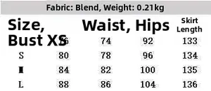 Detailed size chart for lace satin slim dress featuring bust, waist, and hip measurements
