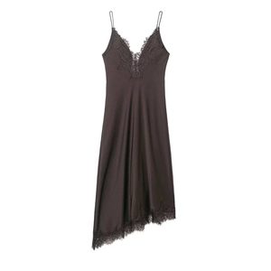 Women Elegant Satin Slip Dress V-Neck Eyelash Lace Trim Asymmetrical Hem Spaghetti Strap Sexy Evening Midi Dress