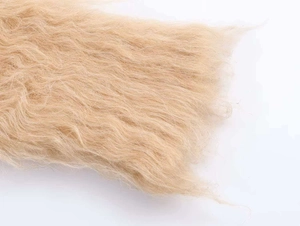Detailed macro shot of light blonde wavy hair fibers showing fluffy natural texture