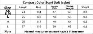 Size chart for blazer with scarf collar showing chest and sleeve measurements in centimeters