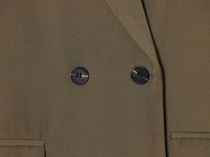 Nahaufnahme des olivgrünen Blazers mit dichter Webstruktur und schwarzen Rundknöpfen