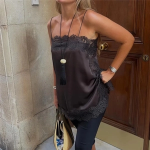 Elegant chocolate satin camisole top with black eyelash lace trim and thin straps