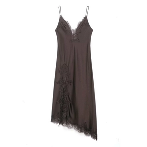 Coffee brown satin slip dress with elegant black eyelash lace trim and asymmetric hemline