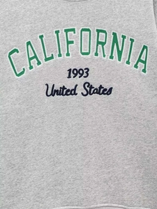 Detail of grey sweatshirt showing green CALIFORNIA applique and 1993 embroidery texture
