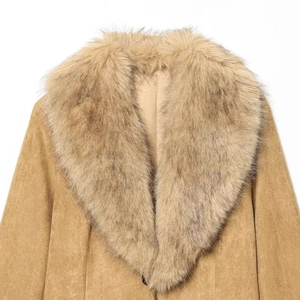 Chic camel faux suede jacket with a luxurious wide faux fur collar and button detail
