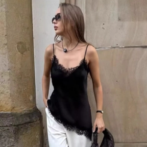 Women Lace Trim Satin Camisole Sexy V Neck Backless Spaghetti Strap Top Asymmetric Hem Elegant Summer Tank Top For Daily Party