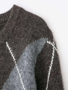 Detailed close-up of soft argyle knit sweater showing fluffy mohair texture and round neck