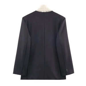 Elegant back view of black satin bow detail blazer with long sleeves and buttoned cuffs