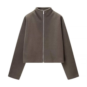 Giacca Corta in Lana da Donna con Collo Alto Casual Tinta Unita Chiusura a Zip Manica Lunga Autunno Inverno Capispalla