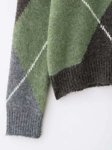 Detailed macro view of the argyle knit pattern and fluffy texture of this fall sweater