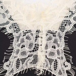 Close-up detail of delicate ivory floral eyelash lace fabric texture on black background