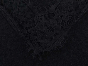 Detail of elegant black lace trim with delicate eyelash edges on a knit fabric sweater