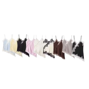 Lace trim satin camisole crop top for women in nine various colors and asymmetric hem