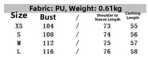 Size chart for faux leather jacket including bust and sleeve length measurements
