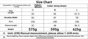 Detailed size chart for military green bomber jacket with measurements and fabric data