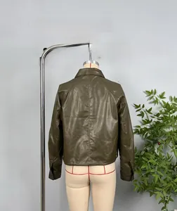 Back view detail of a cropped olive green faux leather jacket with high-shine finish