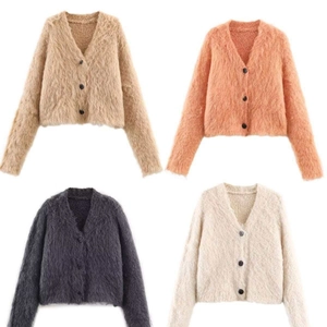 Women's V-neck fuzzy knit cardigans shown in khaki, pink, grey, and off-white colors