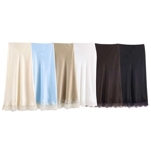 Elegante Gonna Midi in Raso Con Bordo in Pizzo per Donna Tinta Unita Setosa Dritta Vita Alta Gonna per Festa Ufficio