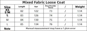 Size chart table for loose blend coat including length, bust, and sleeve measurements