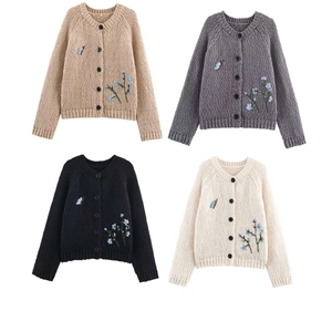 Women's Vintage Flower Butterfly Embroidered Knit Cardigan Round Neck Long Sleeve Button Down Sweater Top