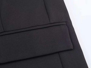 Close-up of precise stitching and high-quality twill fabric on the black blazer pocket
