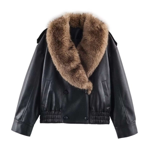 Veste courte en similicuir noir pour femme avec col amovible en fausse fourrure marron