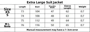 Size guide for pink oversized woolen blazer showing length, bust, and sleeve measurements