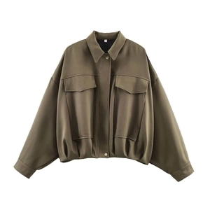 Army green cropped bomber jacket with pleated hem and hidden metal buttons for women