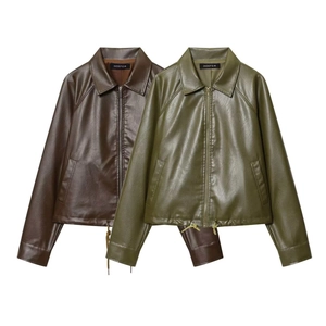 Women Faux Leather Jacket Loose Drawstring Hem PU Moto Biker Coat Square Collar Zip Up Short Outerwear Autumn Casual Top