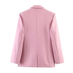 Back view of a pink wool blend blazer for women with a central back slit and classic lapels