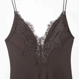 Satin camisole dress with V-neckline and exquisite eyelash lace trim in charcoal