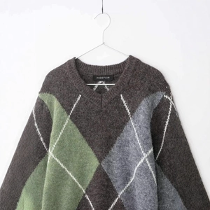 Classic V-neck argyle knit sweater in green, brown and grey with ribbed finishes