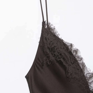 Elegant black satin slip dress for women with intricate V-neck floral eyelash lace trim