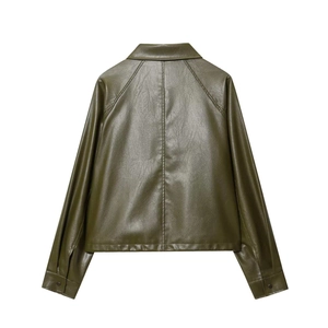 Olive green faux leather cropped jacket with back view drawstring design and vintage style