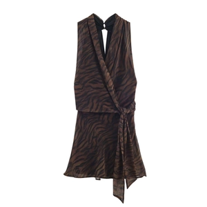 Robe Mini pour Femmes Sexy Imprimé Animal Dos Nu Halter Sans Manches Taille Nouée Moulante Robe Courte Été
