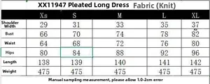 Size chart for sleeveless pleated maxi dress showing measurements for XS to XL sizes