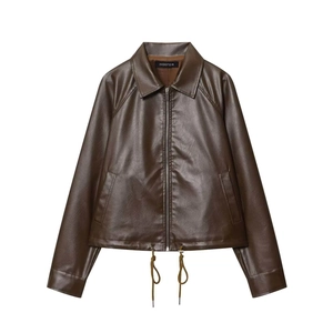 Short loose dark brown faux leather jacket with drawstring hem and zipper closure