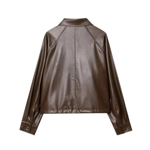 Detailed back view of a dark brown faux leather jacket with sleek seam stitching and cuffs
