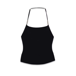 Women Sexy Black Halter Knit Vest Top With Metallic Bead Decoration Slim Fit Cropped Sleeveless Ribbed Tank Top For Party