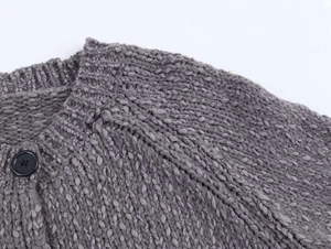 Detailed close-up of grey knitted cardigan showing round neck and matte black button
