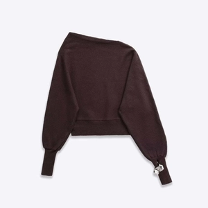 Elegant dark brown off-shoulder knit top with loose fit and metallic buckle on cuff
