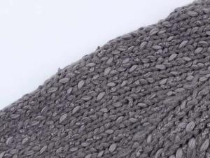 Macro detail of chunky grey knit fabric showing intricate floral embroidery texture