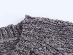 Detailed close-up of grey chunky knit fabric texture and floral embroidery craftsmanship